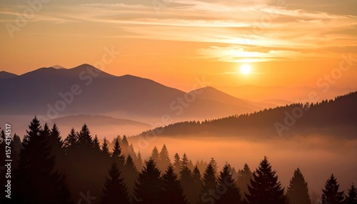 sunset over layered mountain forest with silhouetted trees and glowing sky creating tranquil depth and natural majesty
