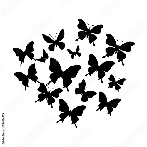 Butterfly Silhouettes on Black Background – Elegant Vector Illustration of Flying Insects in Various Poses

