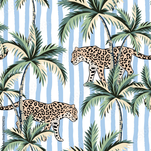 Tropical leopards, palm trees, striped background. Seamless pattern. Vector illustration. Exotic plants, animals. Summer beach design. Paradise nature