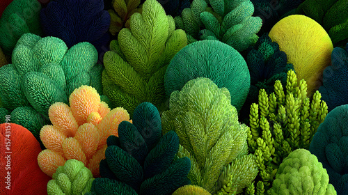 3D illustration of green leaves in different shades, lush and dimensional, HD realistic