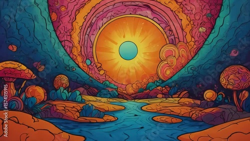 Psychedelic Landscape: A vivid, imaginative illustration captures a surreal and otherworldly landscape with vibrant colors and intricate details, inviting viewers into a realm of psychedelic beauty.