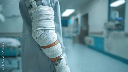 Bandaged arm at the hospital: A close-up shot reveals a bandaged arm, with bandages carefully wrapped around the elbow and forearm, against the soft blur of a hospital hallway in the background.