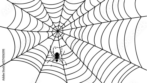 Vector art of a black and white illustration of a spider sitting in the center of its intricate web, creating a classic halloween or naturethemed design isolated on transparent background