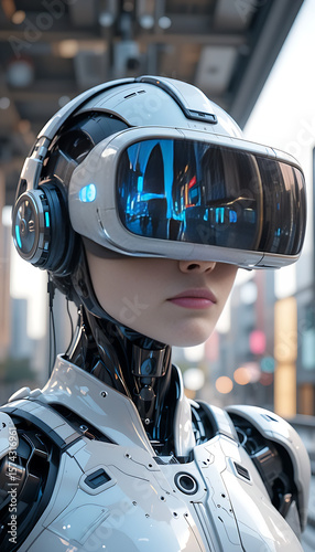 “Futuristic Humanoid Robot with Visor Standing in Urban City Environment at Night”