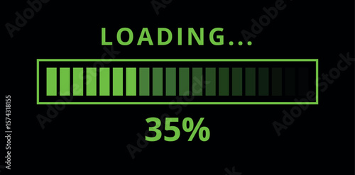 Vector illustration of a green loading bar isolated on a black background for websites and graphic resources. 35% loaded bar.