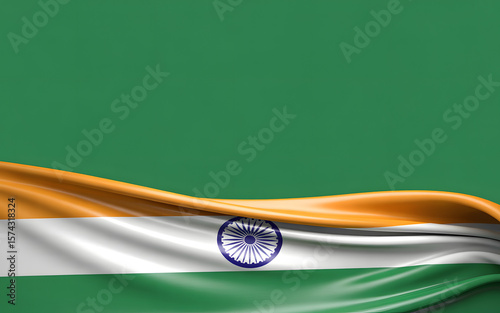 Waving Indian flag on a vibrant green background, perfect for Independence Day promotions and republic day celebration content.