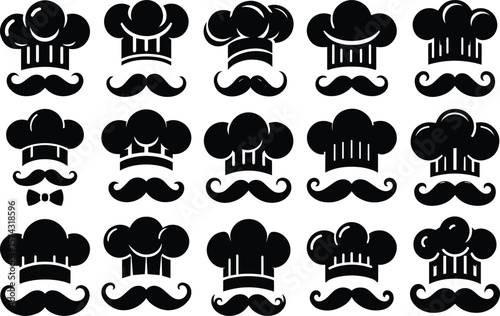 Chef icon. Chef hat icon set. Moustache chef sign and symbol in line and flat style. Vector illustration