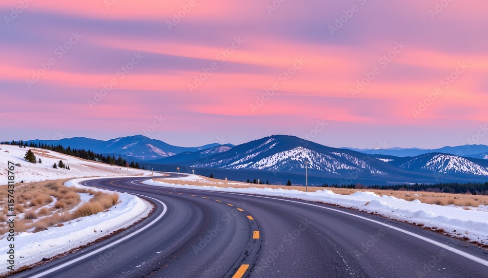 Fototapeta premium an empty road at twilight, with the sky filled with warm hues of pink and purple. the paved highway stretches into the distance, curving around hills under a clear sky