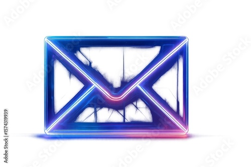 Neon glowing envelope icon in futuristic digital style on white background, symbol of email, message or communication concept