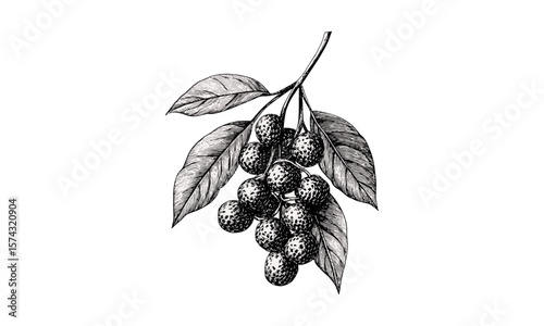 Small hackberry berry cluster sketch, vintage black ink engraving, retro botanical print, old engraving style, trendy rustic decor, classic fruit illustration, natural plant art
