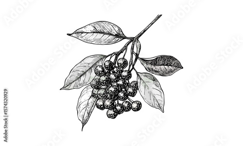 Vintage hackberry fruit engraving, hand-drawn black ink sketch, small berry cluster, retro botanical print, old engraving style, trendy food decor, rustic plant illustration