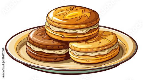 Three delicious biscuits stacked on a plate .very beautiful with a white background
