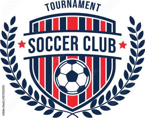 A dynamic logo for a soccer club, featuring a shield design with bold red and blue stripes, a soccer ball, and laurel wreath accents. This design is ideal for sports teams, tournaments.