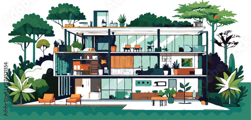 Vector art of a modern multistory house with a cutaway view revealing its interior design, furnished rooms, and lush green surroundings with trees and plants isolated on transparent background