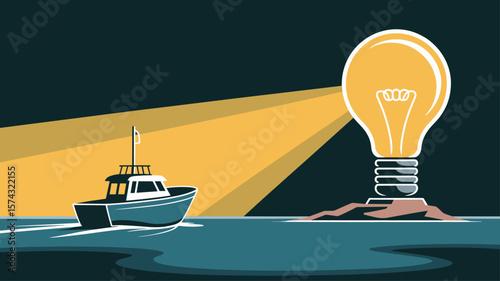 boat being guided by a light bulb lighthouse, vector illustration for a guiding idea, strategic navigation and finding direction in uncertainty