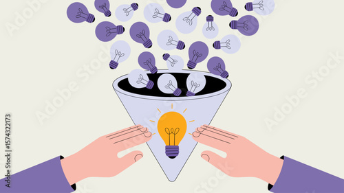 strategist's hands filtering ideas through a funnel, vector illustration for refining thoughts, brainstorming selection and finding the best concept