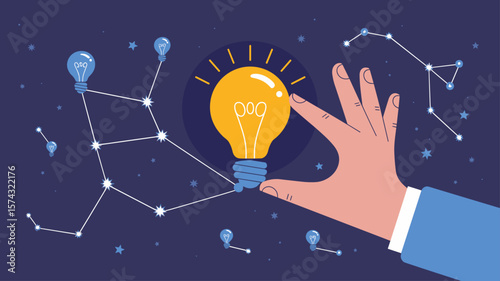 innovator's hand connecting ideas into a constellation, vector illustration for connecting thoughts, strategic innovation and pattern recognition