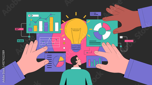 strategist looking at an idea supported by data dashboards, vector illustration for a data-driven approach, business intelligence insights and strategic analysis