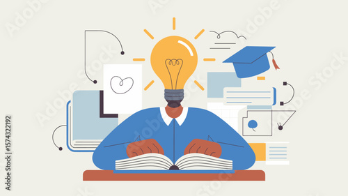 student with lightbulb head reading a book, vector illustration for creative learning, educational discovery and knowledge acquisition