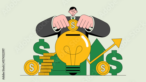 businessman putting coin into a lightbulb , vector illustration for monetizing a financial idea, innovation investment and startup funding