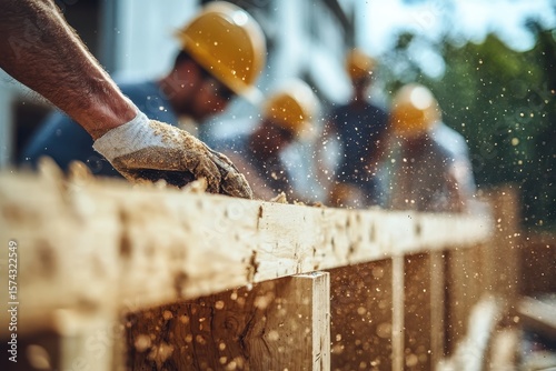 Construction Workers Engaged in Woodworking with Safety Helmets