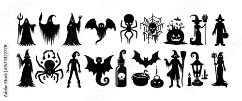 Set of halloween silhouettes black icon and character. Vector illustration. Isolated on white background	