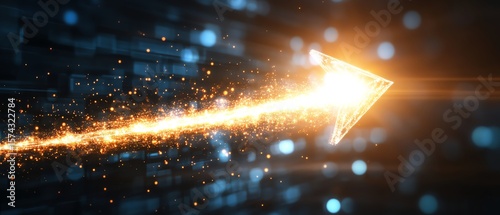 Dynamic glowing arrow with particles on a dark background.