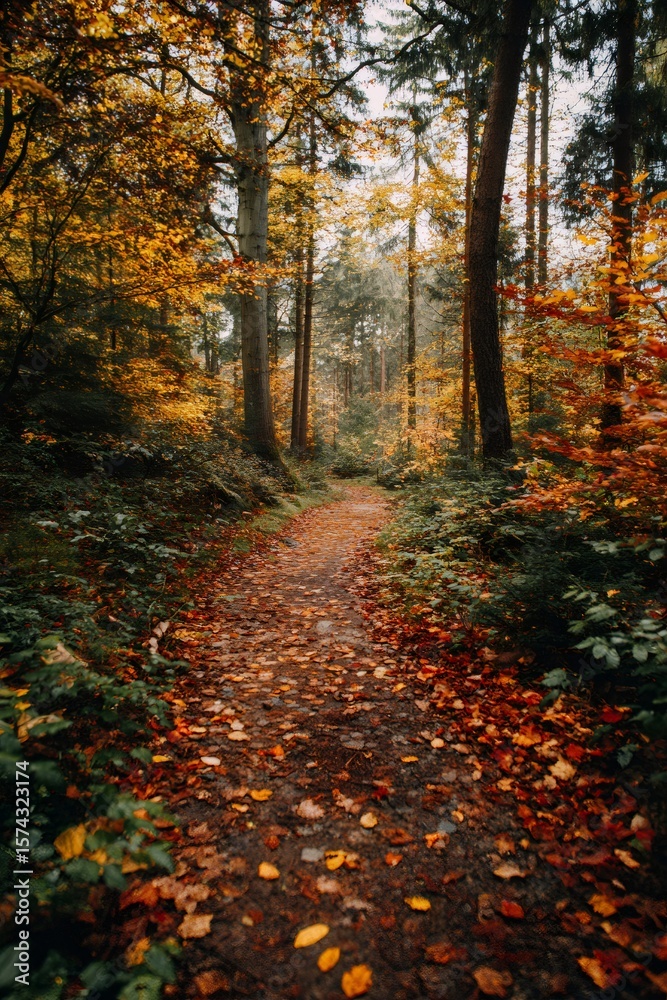 Naklejka premium Autumn forest path winding through golden leaved trees, ground blanketed with fallen leaves