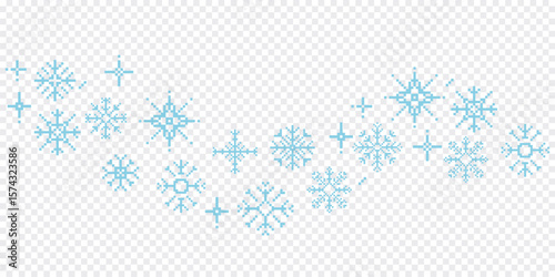 Pixel snowflake wave border winter retro pixilated 8 bit game stamp. Y2k snow, minimal and simple. Holiday flake ornament. Simple crystal ornament