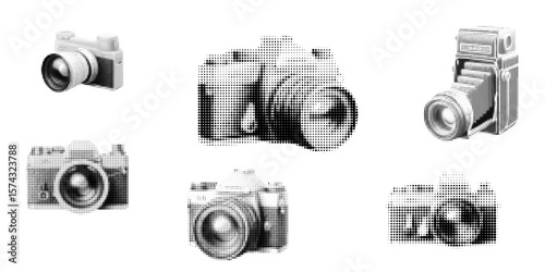Camera, halftone vector illustration camera, in retro comic book style with bold dotted texture. Black and white image isolated on white background. Stylized photo equipment
