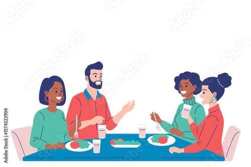 A diverse group of friends enjoys a meal together, talking and laughing at a dinner table in a celebration of friendship and community