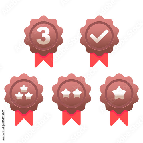 Set of bronze award badges with red ribbons and various icons including number three, checkmark, and stars. Flat vector style, glossy and modern, perfect for achievements, competitions, and certificat