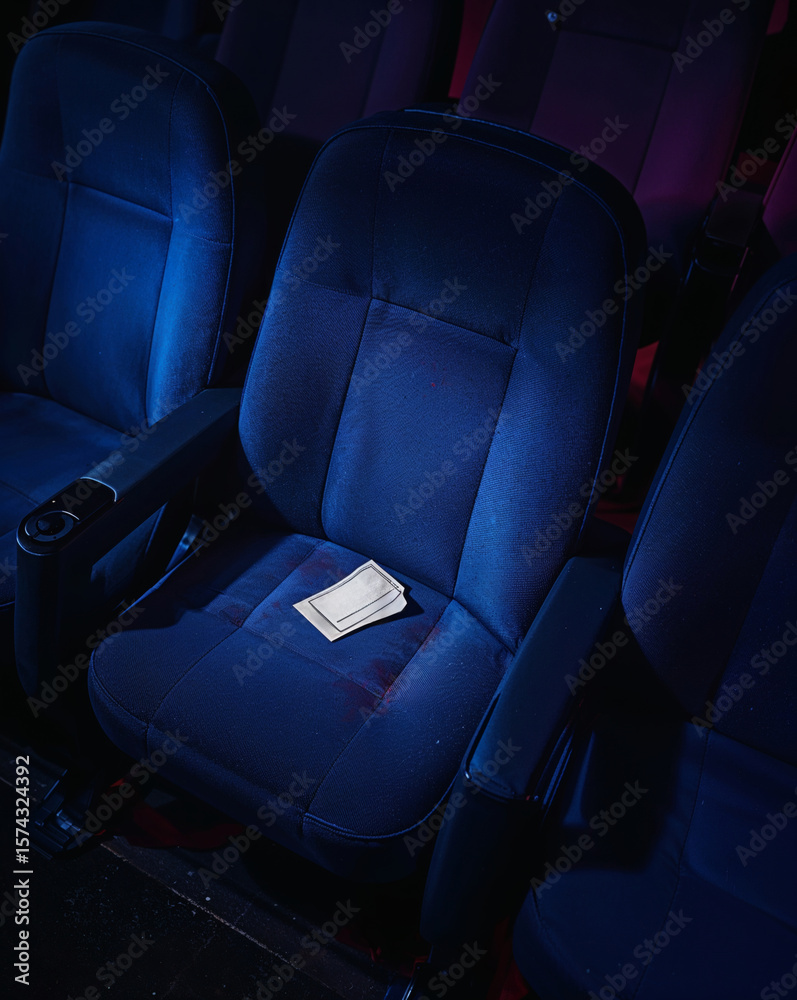 Fototapeta premium Empty cinema seat with ticket on armrest under dim lighting 
