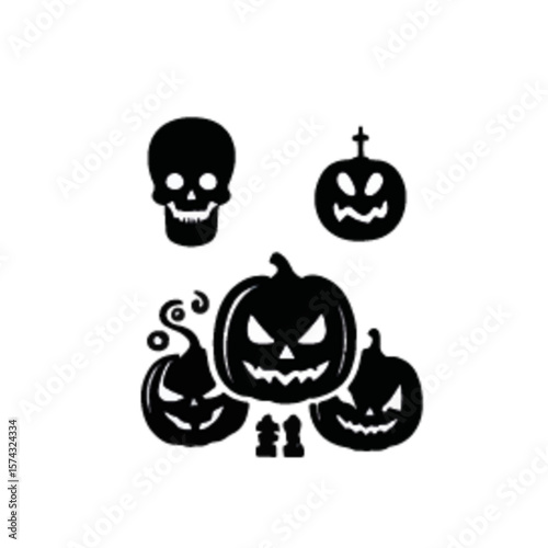 Set of halloween silhouettes black icon and character. Vector illustration. Isolated on white background