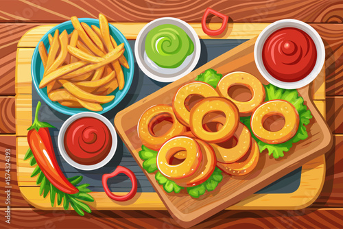 vector of Overhead view of fried onion rings and golden fries served with tomato sauce on a rustic wooden cutting board. A good idea for a restaurant...