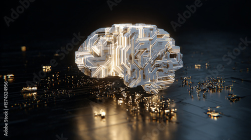 Abstract 3D render of AI brain made of circuits and light patterns with floating data around it