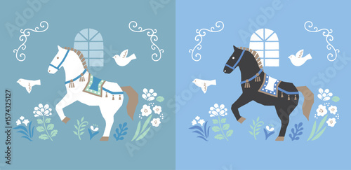 エレガントな白と黒の馬と花と鳥2種