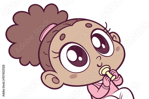 Vector cute Baby Girl cartoon character with big, sparkling eyes and a tiny pacifier isolated on white background