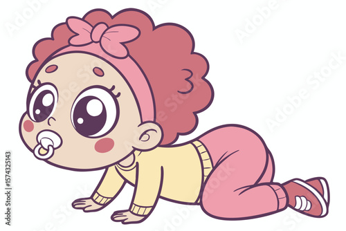 Vector cute Baby Girl cartoon character with big, sparkling eyes and a tiny pacifier isolated on white background