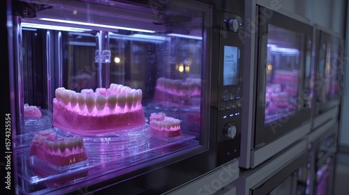 High-tech dental laboratory with advanced 3D printing technology producing precise crowns and bridges, illustrating innovative restorative dentistry