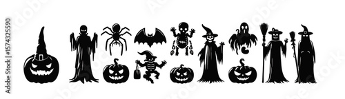 Set of halloween silhouettes black icon and character. Vector illustration. Isolated on white background