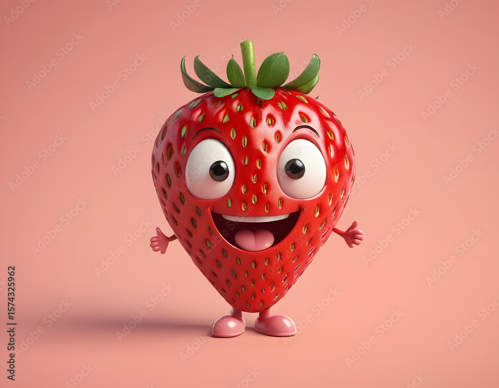 Obraz premium strawberry cartoon character, Cheerful cartoon strawberry character with a cute smile isloated on colorful background