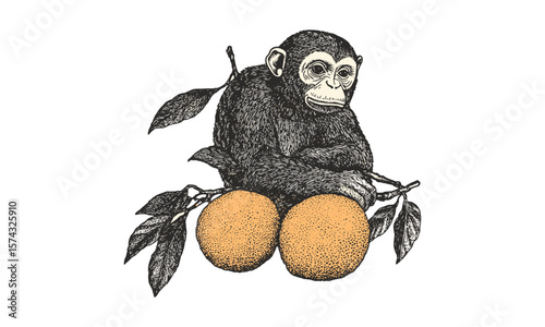Tropical fruit engraving, vintage monkey orange sketch, black ink botanical illustration, rare retro style, old engraving technique, trendy interior decor, exotic botanical art print