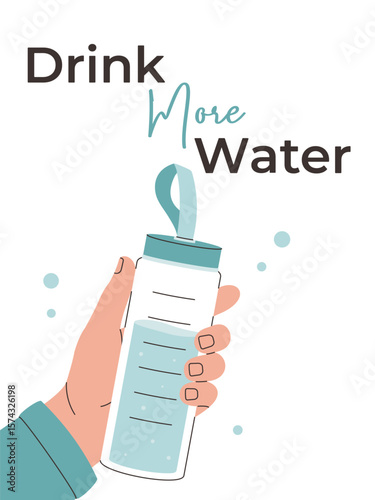 Flat style illustration of a hand holding a sports water bottle with the phrase “Drink More Water”. Promotes hydration, healthy habits, and daily wellness.