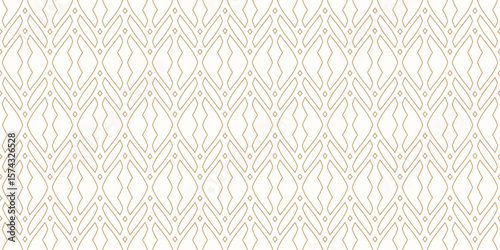 Luxury linear vector ornament. Subtle abstract geometric seamless pattern with curved lines, outline silhouettes. Gold and white ornamental background texture. Golden repeating minimalist geo design