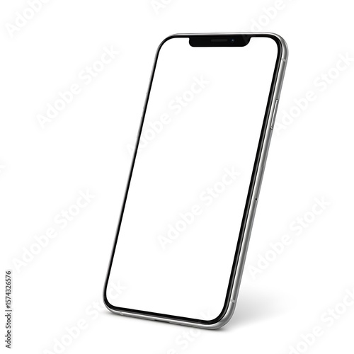 Modern smartphone with a blank white screen tilted on a clean white background