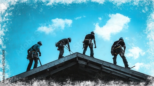 Construction Workers on Roof Under Clear Blue Sky with Clouds