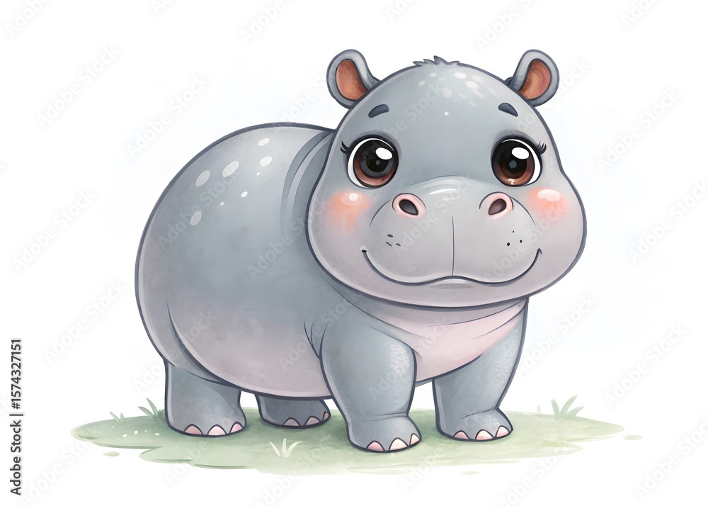 Fototapeta premium Cute cartoon baby hippopotamus with big eyes and rosy cheeks standing on grass