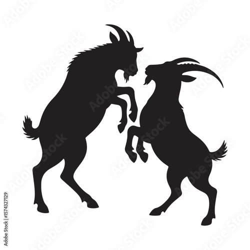 Two black goats silhouetted fighting on a white background