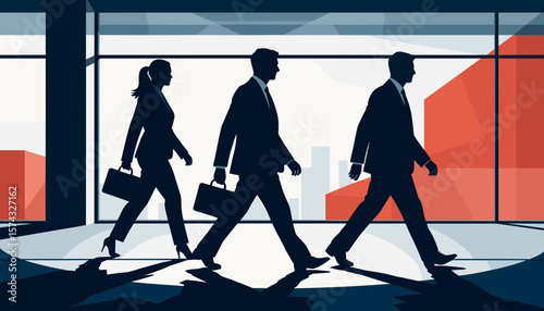 Three Businesspeople in Silhouette Walking Side by Side in Office